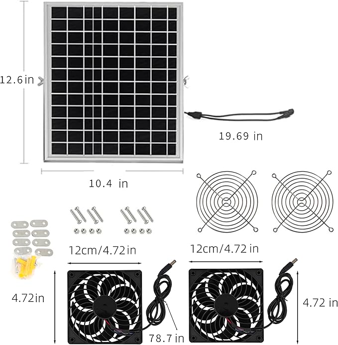 15W18v Solar Powered Dual Fan Kit IPX6 Waterproof - 5" High Speed Cooling for Chicken Coop, Barn, RV, Dog House, Green Energy, Automatic Exhaust Fan with Cable (Easy to Install)