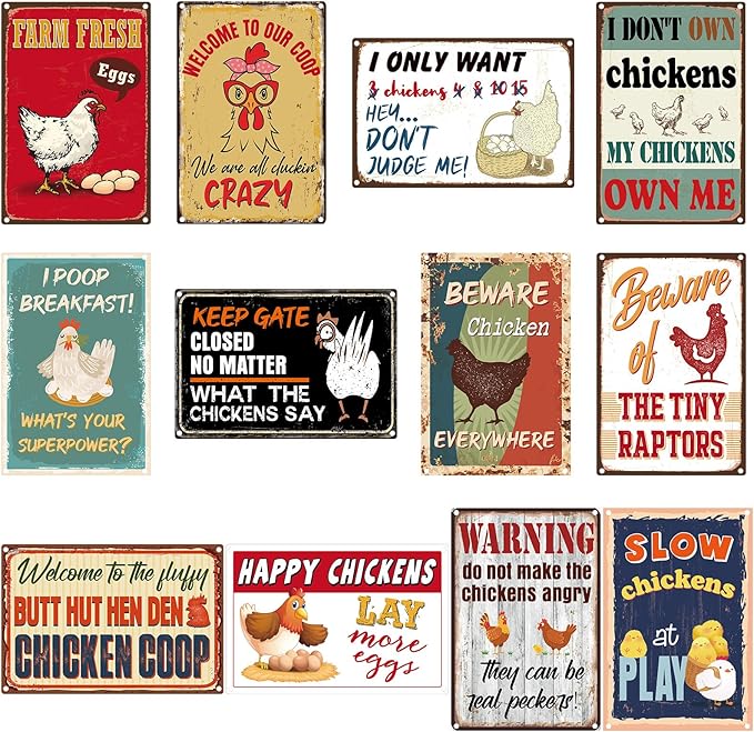Tandefio 12 Pack Chicken Coop Signs 8 x 12 Inch Funny Metal Coop Signs Outdoor Decor Vintage Personalized Farm Yard Accessories for Home Kitchen Decor Chicken Lovers Gifts