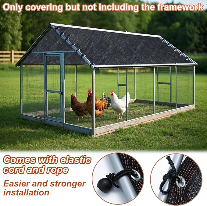 Black Chicken Coop Cover UV 90% Shade Cloth for Summer 11.5 * 6.6 FT Chicken Cages Cover with 20Pcs Ball Bungees Cords Sun Shade Netting Mesh for Outdoor Garden Patio Yard Plants Chicken Run Pen