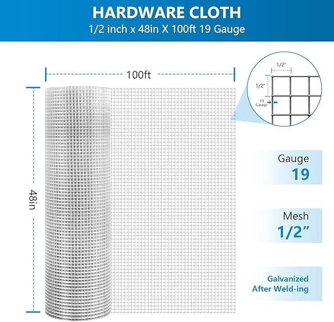 48inx100ft 1/2 in 19 Gauge Hardware Cloth, Metal Screen Galvanized Wire Mesh Welded Wire Fencing Critter Fence Poultry Netting Chicken Wire Fence Rabbit Fencing Garden Fencing Fence Netting Silver