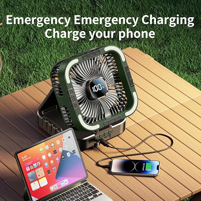 Solar Camping Fan with Light-10000mAh Rechargeable Portable, 6 Speeds, Digital Display, Timer, 120° Oscillation, Cordless Battery Powered Fan for Home Outdoor Tent Travel BBQ Fishing (Green)