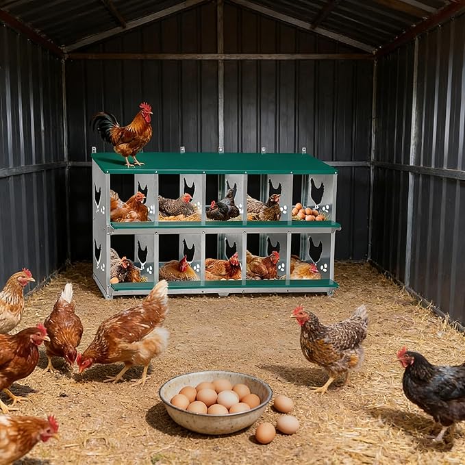 Chicken Nesting Box 10 Compartment with 10 Pet Moisture Pads and 4 Fake Eggs Roll Away Egg Collection, Perch, Lid Cover for Egg Protection - Wall Mount/Free Standing Nest Box for Chickens, Hens, Ducks