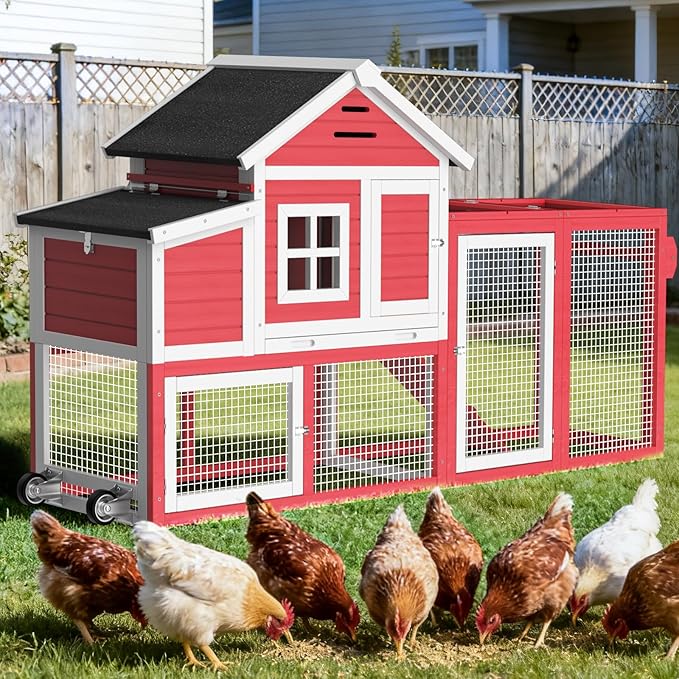 Chicken Coop for Outdoor, Mobile Poultry Cage with Wheels, Nesting Box, Weatherproof Roof and Leakproof Pull-on Tray for 4-6 Chickens, 78.7" L x 21.5" W x 43.7" H (Red)