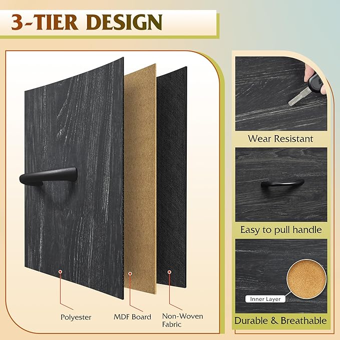 WLIVE Tall Dresser for Bedroom, 6 Drawer Dressers & Chests of Drawers, Fabric Dresser for Closet, Night Stand with Metal Frame, Storage Tower with Fabric Bins, Woodtop, Charcoal Black Wood Grain Print