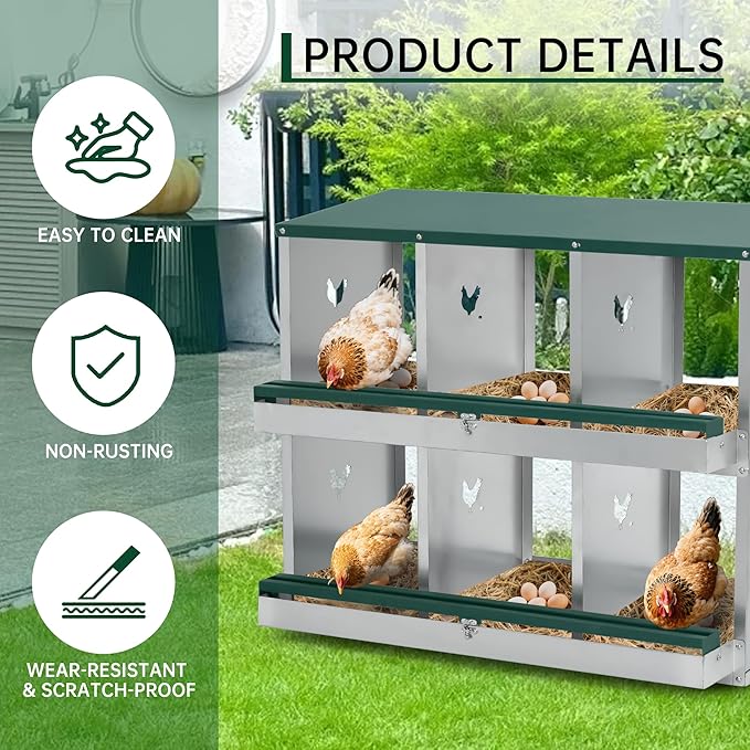 Garvee Nesting Boxes for Chickens, 6 Compartments Metal Chicken Nesting Box, Chicken Egg Laying Box with Large Vented Holes for Easy Egg Collection
