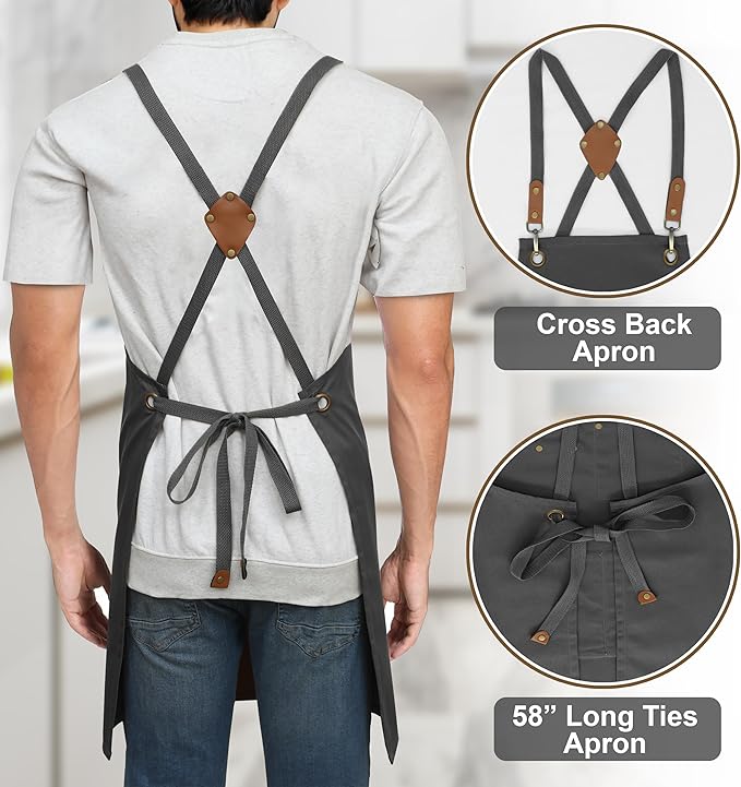 RUVANTI Work Apron for Men, Oil & Water Repellent, Poly Cotton Cross Back Aprons for Women with Pockets, Adjustable up to XXL