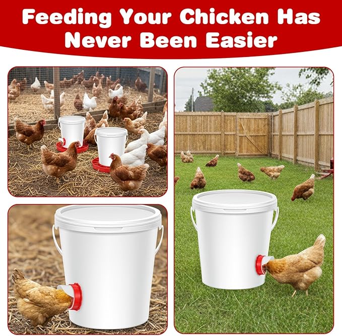 10Pcs DIY Chicken Feeders No Waste, Poultry Feeder with 10 Covers 1 Hole Saw, Waterproof Automatic Gravity Chicken Feeder Kits, Waterer Food Dispenser Set for Buckets Troughs