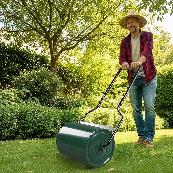 16in Heavy Duty Steel Lawn Roller,Manual Hand Lawns Roller,Water or Sand Filled Garden Rollers,Push/Tow-Behind Yard Rollers,with U-Shaped Handle,for Garden Yard Park Backyard Farm (Green & Black)