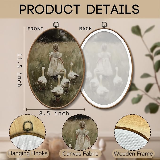 Yorhifa Vintage Farmhouse Girl Duck Framed Wall Art, Cottagecore Country Farm Girl Oval Wall Art, Rustic Duck Oval Walls Decor, Farmhouse Canvas Artwork Hanging Decor, 8.5x11.5in