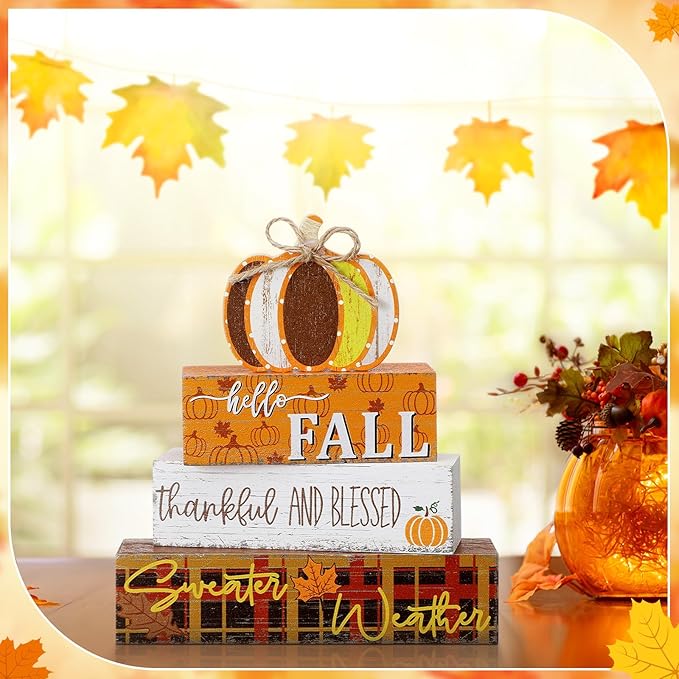 Geelin 4 Pcs Thanksgiving Decorations Fall Wooden Sign Pumpkin Tiered Tray Decor Hello Fall Table Centerpiece Wood Blocks Table Top Sign for Home