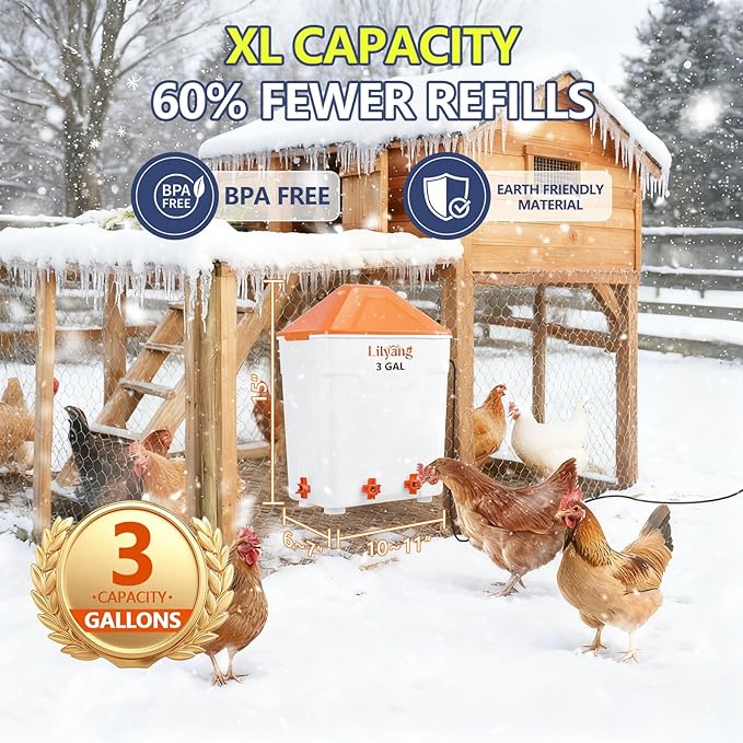 Lilyang Heated Chicken Waterer 3 Gallon, 250W Chicken Water Heater with Thermostat Control, Freeze-Proof Poultry Drinker for Winter, Hanging/Standing Use