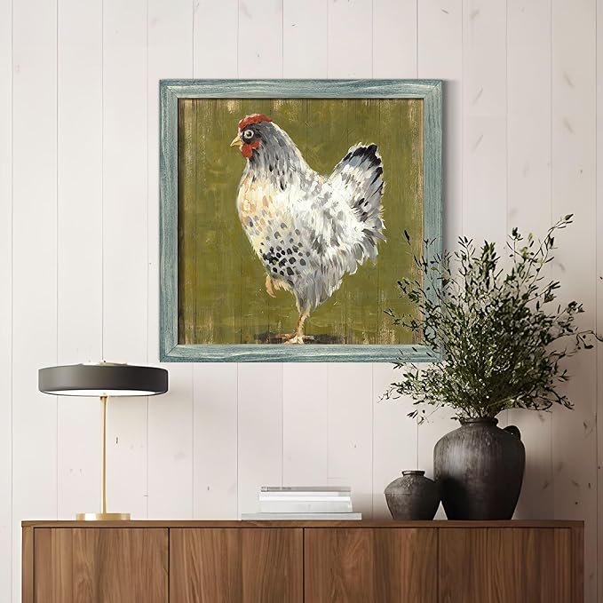 Farm Animal Wood Wall Art: Rustic Farmhouse Kitchen Framed Artwork Decor Chicken Hen Picture Country Animals Print Painting for Home Bedroom Living Room 24 x 24 Inches