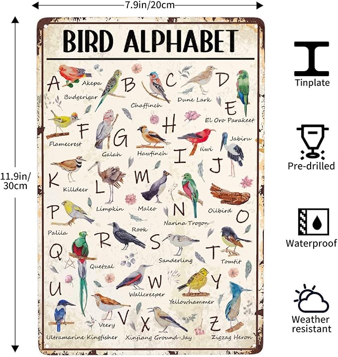JOCASA Bird Alphabet Vintage Metal Poster Sign Decor-Retro Aluminum Metal Tin Sign for Home Wall Decor, Garden, Bedroom, Signs Gift,12''x 8''