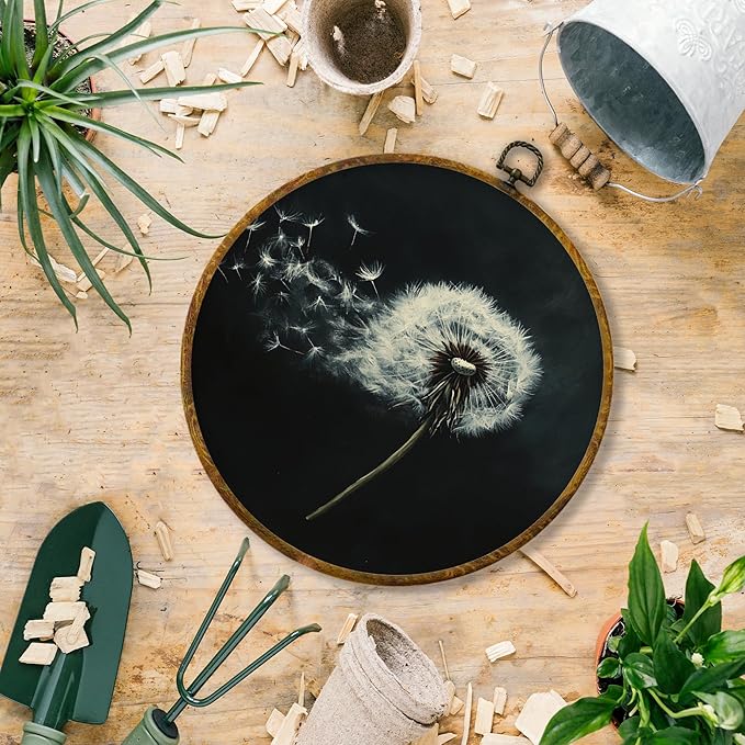 Hiuwevt Dandelion Round Wall Art Decor, White Flower Modern Rustic Framed Canvas Prints, Dandelion Farmhouse Wildflower Round Wall Hanging Decor for Bedroom Home Decorations, 10x10 Inches