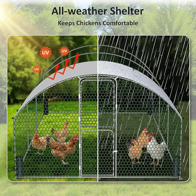 Large Metal Chicken Coop, Walk-in Chicken Run with Feeding Door, Security Lock and Cover, Outdoor Duck/Rabbit Cage Poultry Pen for Backyard, Farm, Yard (Silver - Dome Roof, 19.7 x 9.8 x 6.6 FT)