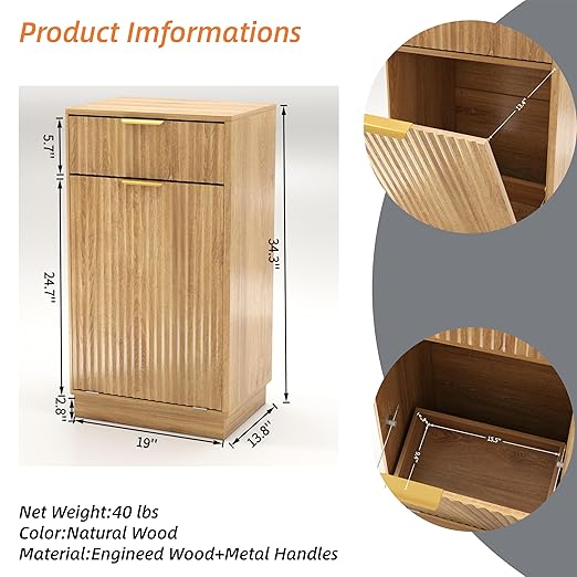 19 Inch Single 10 Gallon Wood Grain Tilt-Down Trash Can Cabinet with Storage Drawer,Wood Grooved Recycling Cabinet with Wave Texture Hidden Pull-Out Trash Can for Kitchen,Bathroom (Oak-02)