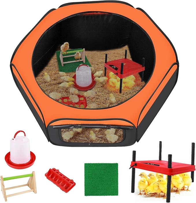 Brooder Box for Chick, 6-in-1 Chick Starter Kit, Includes Brooder Heating Plate, Baby Chicken Pen, Chicken Feeder, Waterer, Perch, Nesting Pad (Brooder Set)