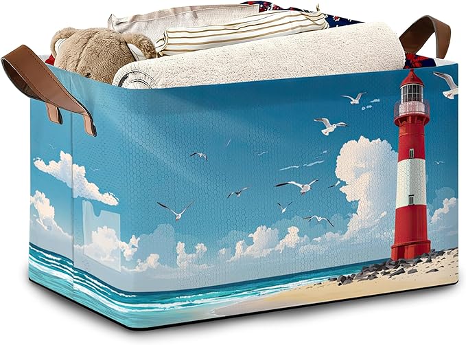 Lighthouse Seagull Storage Baskets,Beach Foldable Organizer Bin with Handles for Home Living Room Bedroom Closet Box 17x11.5x10Inch