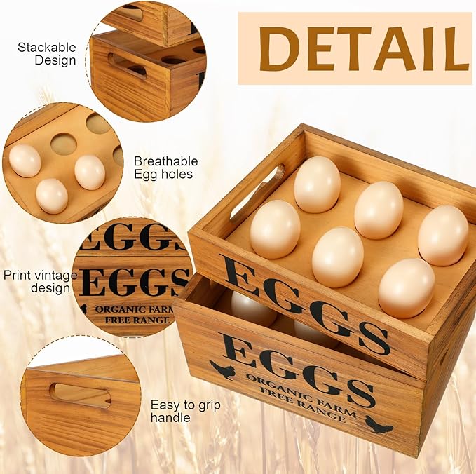 Qinyoung 2 Pcs Farm Wooden Eggs Crate for 12 Fresh Eggs Easter Stackable Wooden Crates for Display Rustic Storage Box with Handle for Easter Supermarket Farm Food Shop Kitchen Supplies
