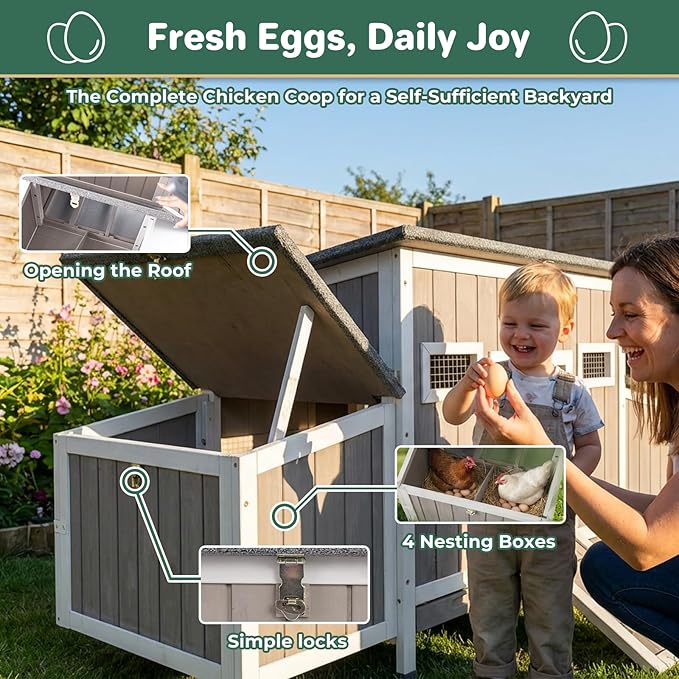 PetsCosset 62" Chicken Coop for 2-4 Chickens, Large Hen House with 4 Nesting Boxes, Openable Waterproof Roof, Roosting Bars, Lockable Doors & Pull-Out Tray, Weatherproof Outdoor Chicken House