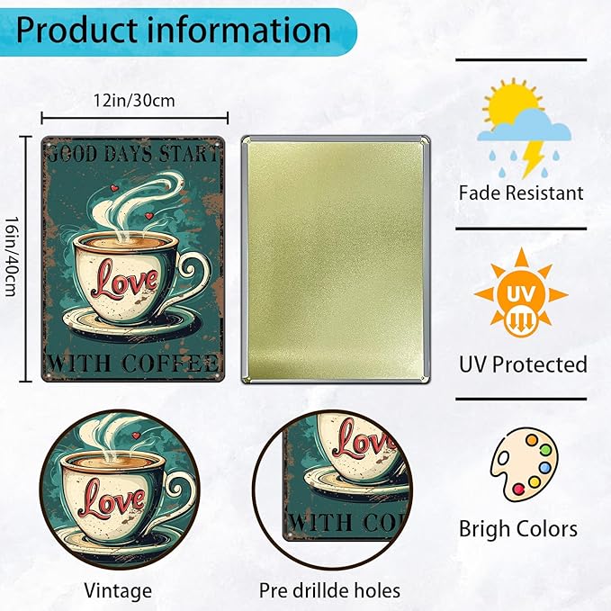 Funny Coffee Metal Tin Signs Good Days Start With Coffee Vintage Wall Decoration Poster For Home Kitchen 12x16 Inch