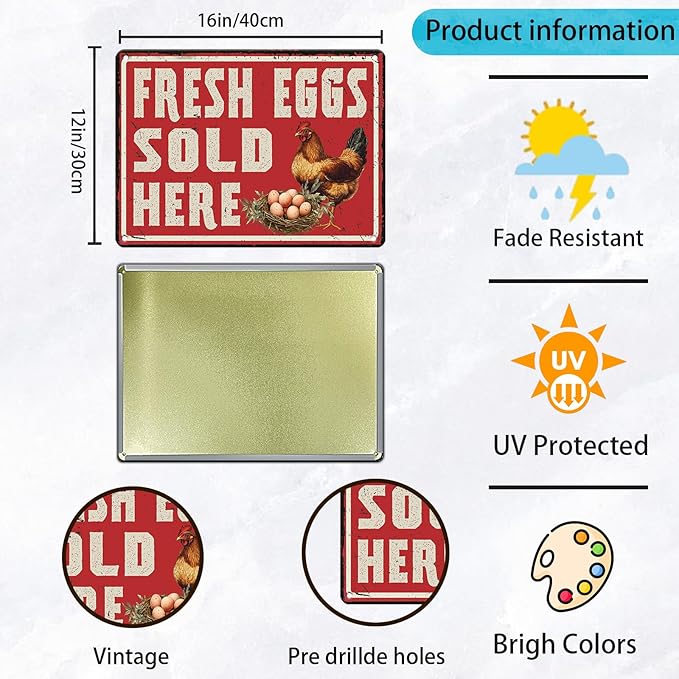 Vintage Farm Fresh Eggs Chicken Coop Metal Sign Funny Fresh Eggs Sale Here Farm Tin Poster Outdoor Farmers Market Wall Decor 12x16 Inch