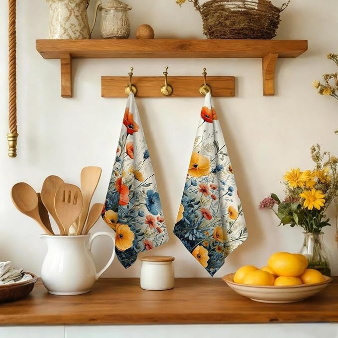 Rustic Wildflower Decorative Kitchen Dish Towels, Colorful Floral Hand & Tea Towel Set of 4, Orange and Blue Dish Cloths for Farmhouse Kitchen Cleaning Drying, Spring Summer Decor