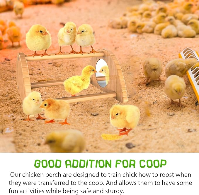Mini Chick Perch with Mirror, Strong Bamboo Roosting Bar for coop and brooder, Training Perch for Baby Chicks, El Pollitos, La Pollita, Easy to Assemble and Clean, Fun Toys for Chick