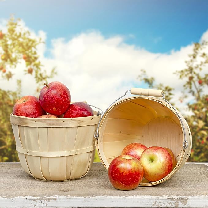 Cornucopia Brands Round Wooden Baskets (2-Pack, Natural); Wood Fruit Buckets w/Handle, 4-Quart Capacity; 6.1 Inch Tall by 8 Inch Diameter