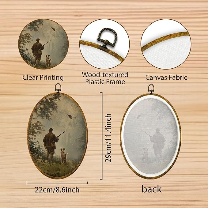 Hiuwevt Vintage Rustic Farmhouse Oval Wall Art Decor, Country Hunting Framed Canvas Prints, Moody Forest Hunter and Dog Oval Wall Hanging Decor for Bedroom Living Room Decorations, 8.6x11.4 Inches