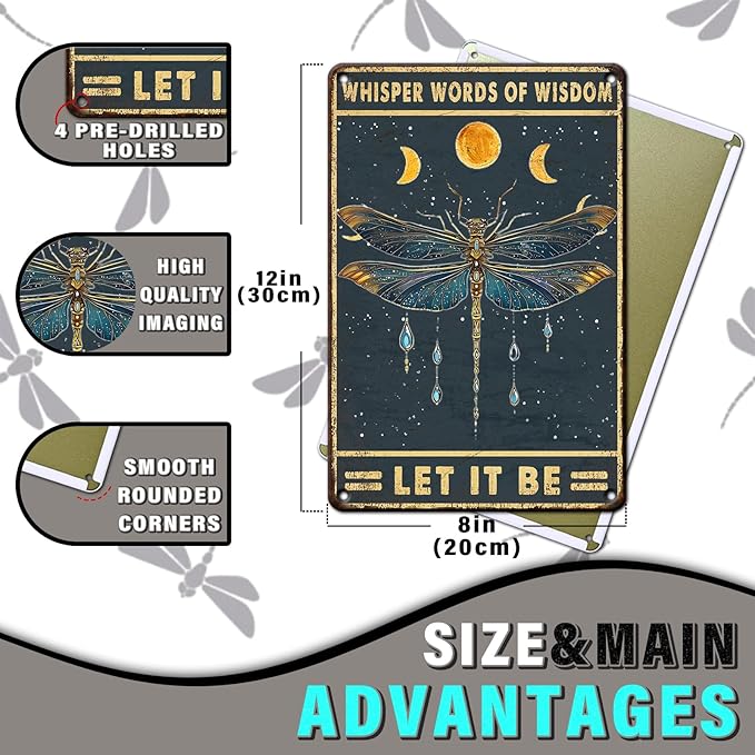 PEACHGARDEN Vintage Dragonfly Metal Sign Whisper Words of Wisdom Poster Dragonfly Wall Decor for Yard Garden Patio Farmhouse Bar Man Cave Wall Decor 8x12inch