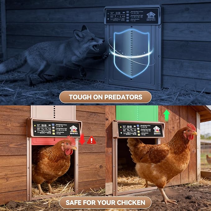 Automatic Chicken Coop Door Solar Powered, LCD Display Chicken Door with Timer & Light Sensor, 4 Modes Automatic Chicken Door Solar, Anti-Pinch & Weather Proof Coop Door with Remote Control