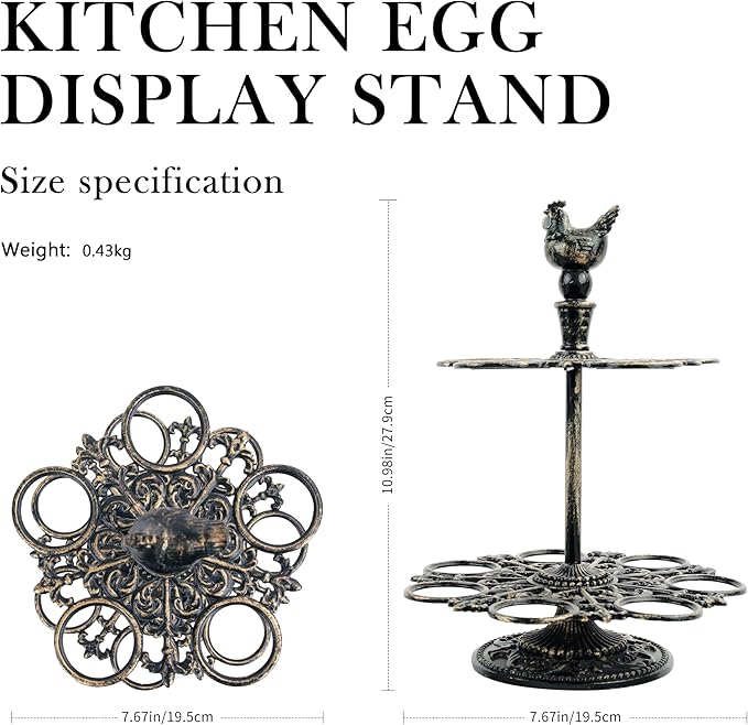 Cast Aluminum Fresh Egg Holder Countertop, Egg Holder Rack Tray for 12 Fresh Eggs, 2-Tier Egg Tray & Dispenser with Rooster Top Design, Egg Skelter for Kitchen (7.67" × 7.67" × 10.98")