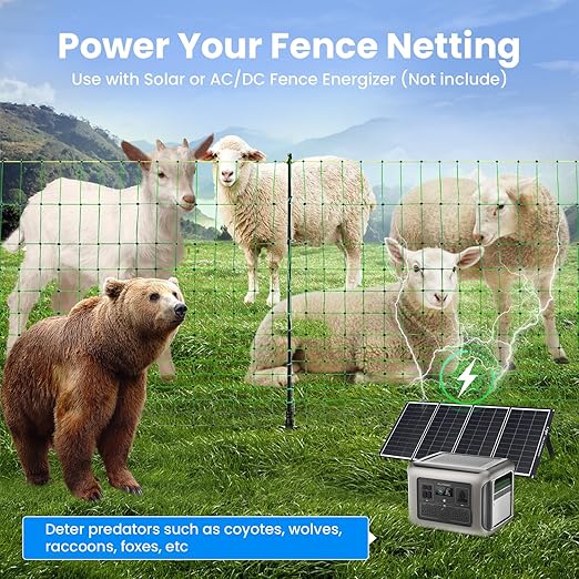 Electric Fence Netting, 42.5" H x 164'L, Portable Livestock Fencing Used in Backyards, Farms and Ranches, Electric Netting Fence for Cattle, Sheep, Goat, Hogs, Net Fencing with 14 Posts Double Spiked