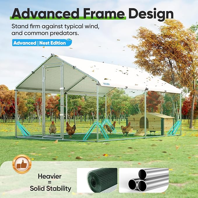 Quictent Advanced Series 12x9 ft Metal Chicken Coop Run with Wooden Nesting Box, Large Walk-in Outdoor Poultry Cage Heavy Duty Predator Proof Hen Duck Rabbit Farm Pen House, Waterproof Anti-UV Cover
