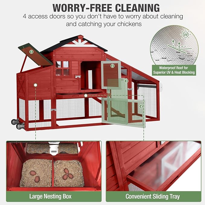 Mobile Chicken Coop with Run, Large Wooden Hen House Poultry Cage with Wheels, Nesting Box, Pull-Out Tray, Waterproof Roof, Red, 73.4" L x 27.9" W x 43.2" H, for 3-5 Chickens