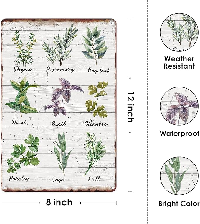 Sanwarm Metal Sign 8X12 Inch, Herbs Sage Green Mint Green Vintage Tin Sign Wall Art Decor for Home, Living Room, Kitchen, Garden, Bedroom, Office, Hotel, Cafe And Pub Decoration