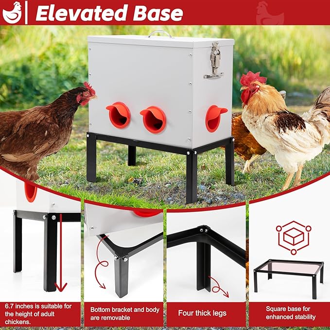Automatic Chicken Feeder with Locking Lid and Base, 40 lb 6 Mouth Large Metal Chicken Feeders, No Waste Poultry Feeder Fit for Hen Coop