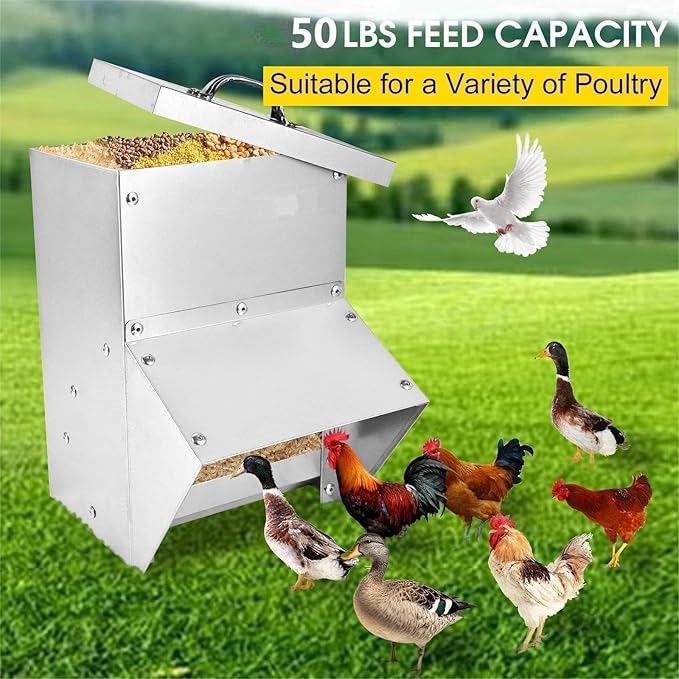 shengyi 11.5-55lbs Galvanized Chicken Feeder - Rat Proof Poultry Feeder with Lid Weatherproof Outdoor Coop Food Dispenser (50lbs 13.8x11x25.6in)