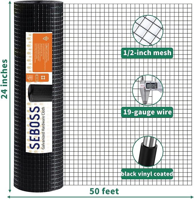 SEBOSS Black Hardware Cloth 1/2 inch 24 x 50 ft 19-Gauge, PVC Coating Wire Mesh Roll Chicken Wire Mesh Chicken Wire Fencing Wire Fence Roll Garden Fencing Mesh Wire Fencing