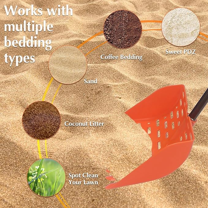 Chicken Dog Poop Scooper & Rake 2-in-1 Telescopic Chicken Litter Scoop for Chicken Coops & Small Farm Animals Sand Sifting Litter Shovel (Orange)