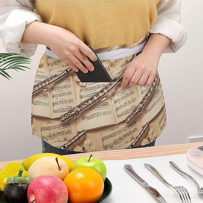 Unisex Chef Waiter Apron Waist Half Short Serving Aprons with 3 Pockets