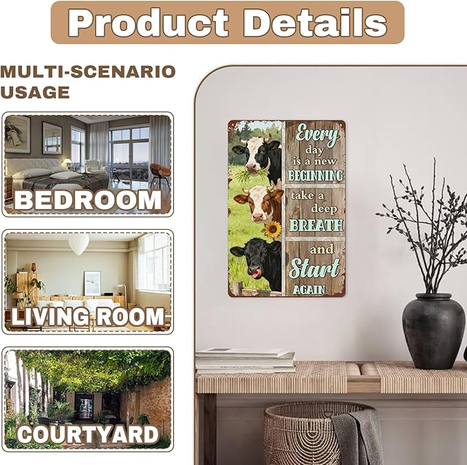 Vintage Inspirational Tin Sign Everyday Is A New Beginning Take A Deep Breath And Start Again Rustic Farmhouse Cow Metal Wall Art Decor For Home Office Porch Barnyard 8x12 Inch