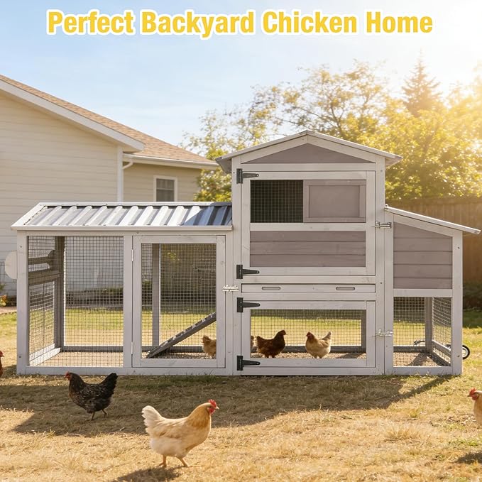 Aivituvin Large Chicken Coop Wooden with Wheels, Mobile Chicken Coop with Nesting Box & Waterproof Asphalt Roof, Expandable Chicken Cage with Run for 2–3 Chickens, Duck House