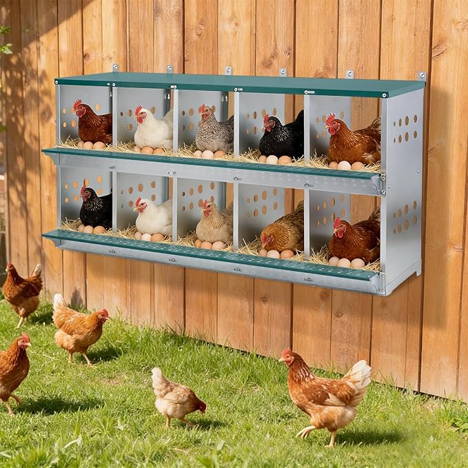 EAGLE PEAK 10-Hole Wall Mounted Chicken Nesting Box, Roll Away Hen Laying Box with Sloped Roof & Easy Clean Tray, Galvanized Steel for Backyard Chicken Coops (Green)