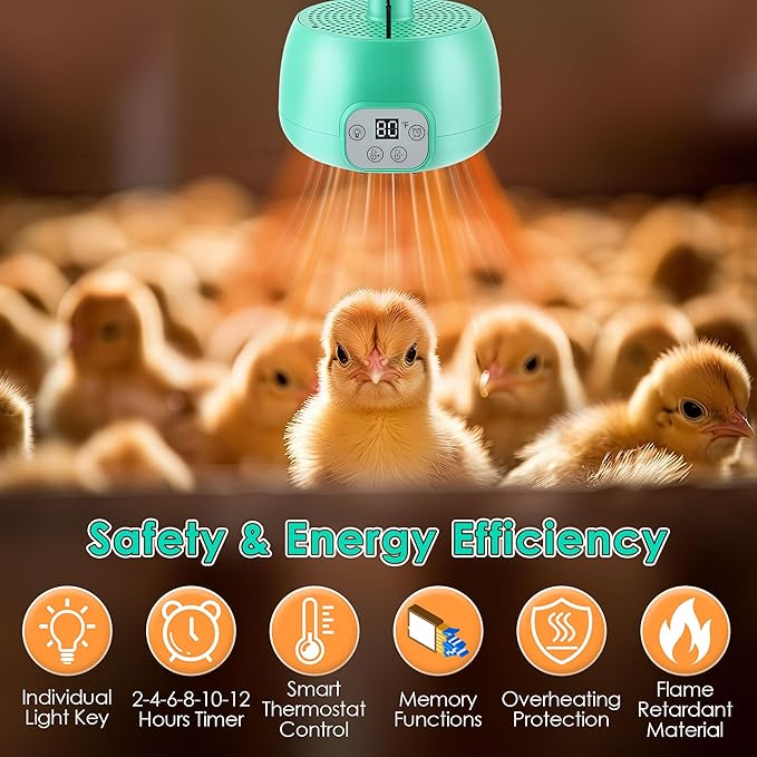 1 Pack Chicken Coop Heater with Remote Control, Timing Chicken Heat Lamp, Smart Temperature Control Chick Brooder Heater, 5 ft Ultra Long Cable Reptile Heating Lamp for Chicks Duck Dog Pet
