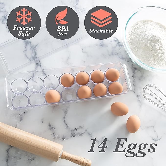 Kitchen Details Egg Crate | Dimensions: 14.5"x4.5"x2.9" | Fits 14 Eggs per Crate | Stackable | BPA Free | Easy Pull Handles | Kitchen Organization | Clear