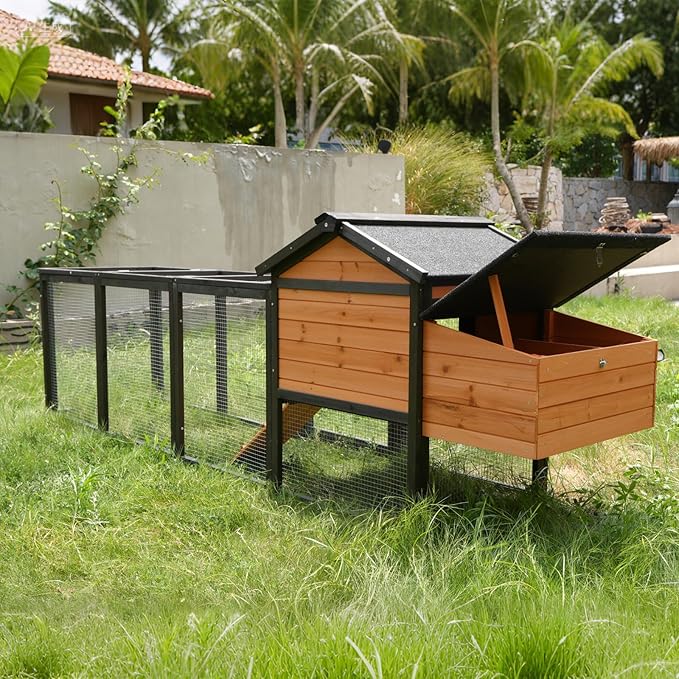 106.3" Chicken Coop, Large Wooden Chicken Coop with Run, Nesting Box and All-Weather Asphalt Roof, Outdoor Duck House Bunny Cage with Sliding Tray for Poultry, Small Animals, Black+Brown