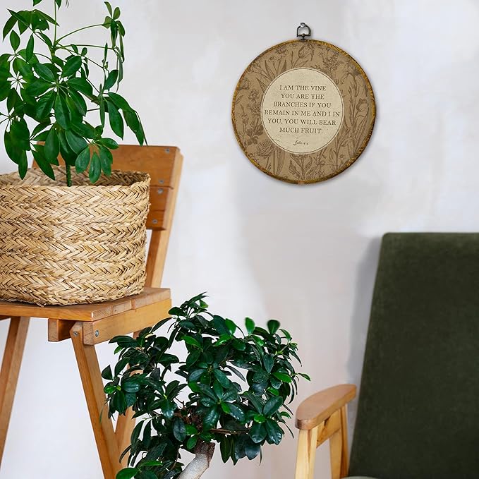 Hiuwevt Vintage Boho Floral Christian Round Wall Art Decor, John 15:5 Bible Verse Framed Canvas Prints, Religious Round Wall Hanging Decor for Church Home Bedroom Living Room Decorations, 10x10 Inches