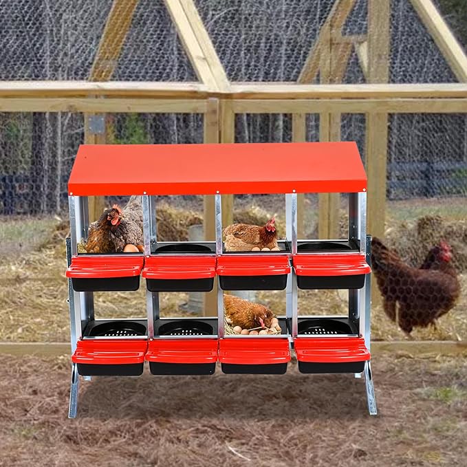 8-Compartment Roll-Away Metal Chicken Nesting Box – Durable Hen Laying Box with Protective Lid, Easy Egg Collection, Sturdy Stand with Bracket Legs, Red